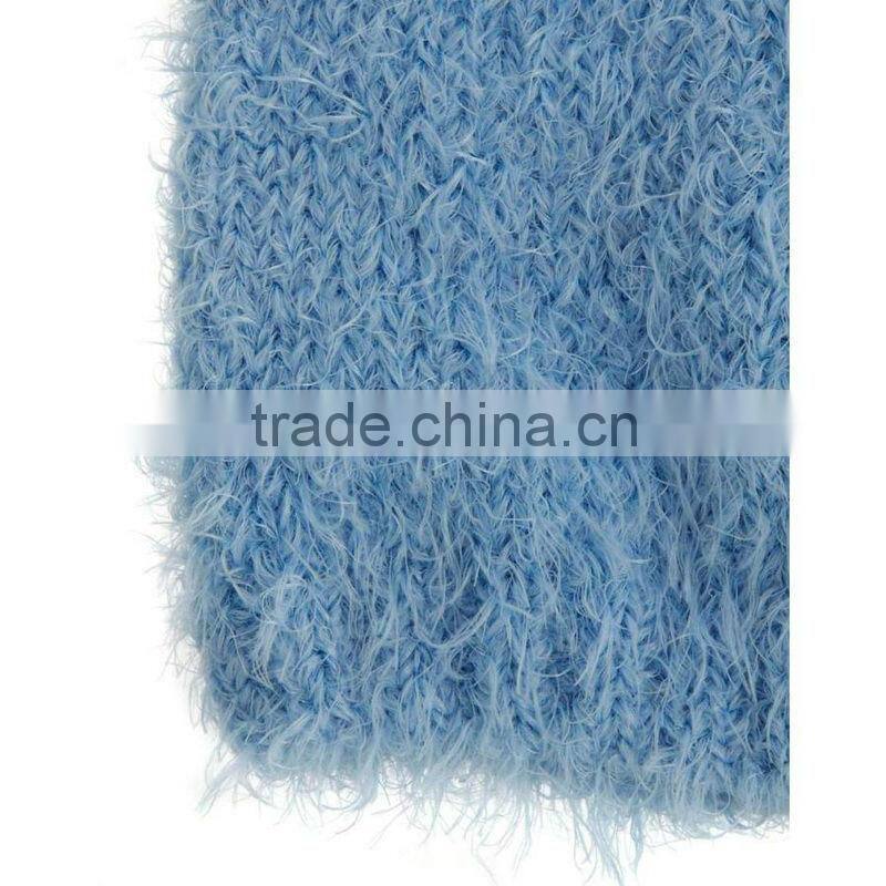 100% polyester light blue fluffy textured knit beanie cap & hat