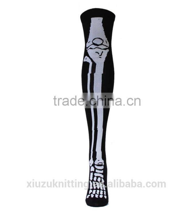 Black Over The Knee Length Sock With White Skeleton Bones