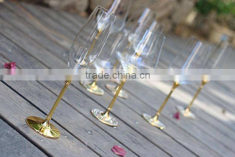 2015 new design lead free clear crystal 200ml wedding champagne wine glasses with gold plating stand