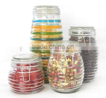 transparent Horizontal stripes glass cookie jar with clamp glass lids