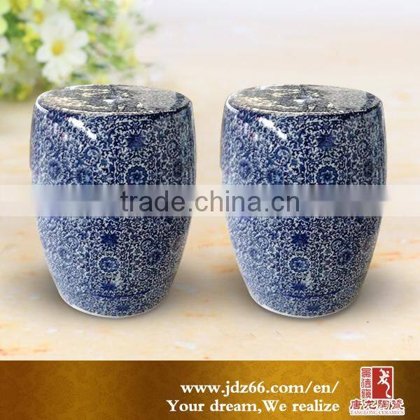 Porcelain round garden stool Cobalt blue painted ceramic stool