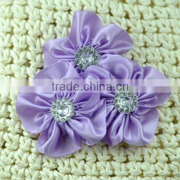 handmade satin flower with rhinestone center for kids hair accessories