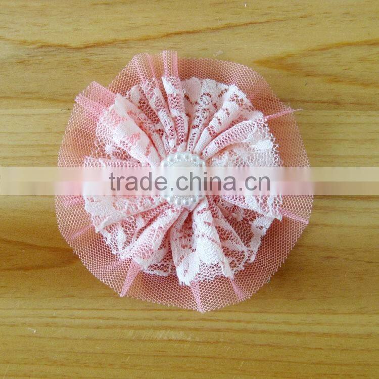 lace flower with pearl bead in center for kids hair accessories