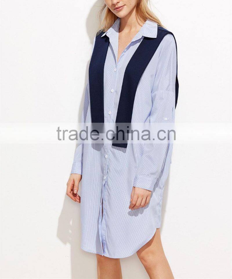 Guangzhou Clothing OEM Blue Vertical Striped Shawl Button Dress With Curved Hem