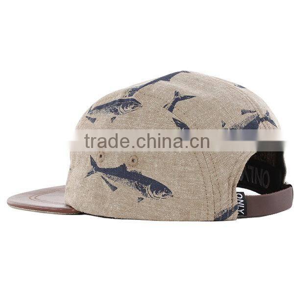 Fish Pattern 5 Panel Hat Leather Brim Cheap Fashion Custom Blank 5 Panel Hat
