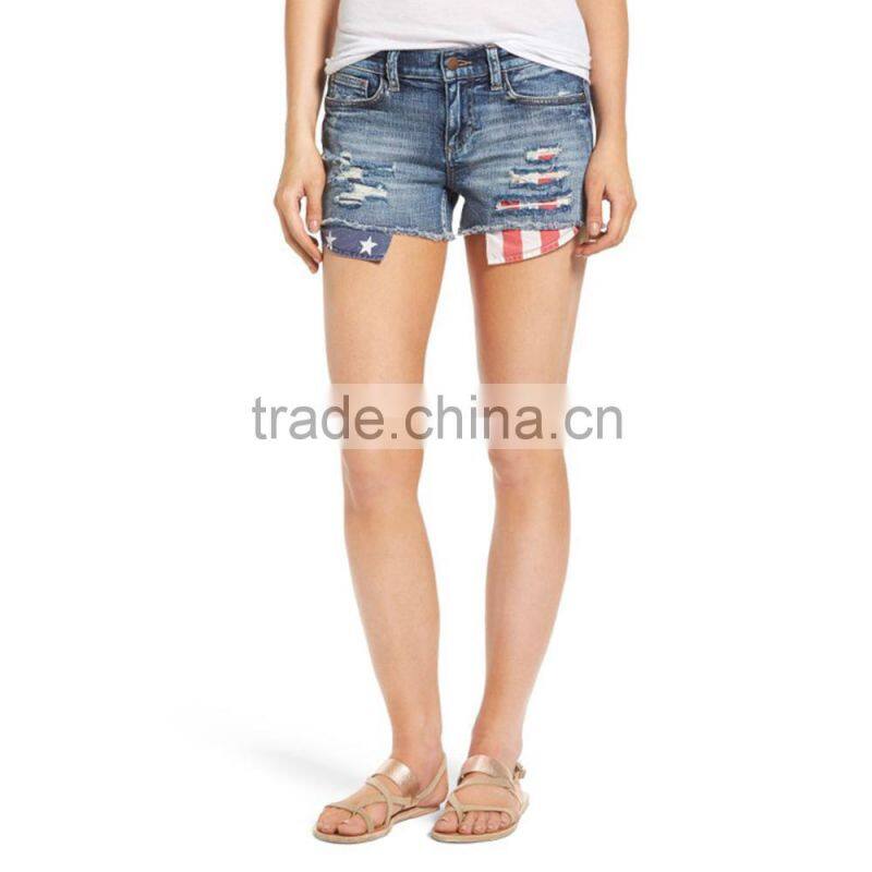 Good Quality Rose Bowl Embroidered Denim Blue Shorts