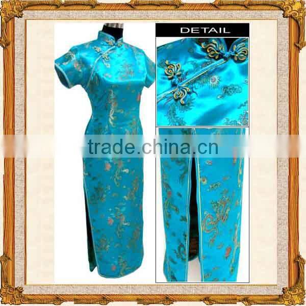 Chinese traditional red short sleeve long length cheongsam