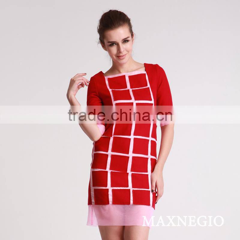 New casual spricing plaid red color three quarter sleeve dress