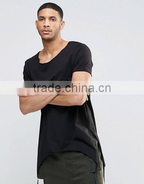 Hip hop style super longline curved hem 100% cotton breathable men black t-shirt wholesale