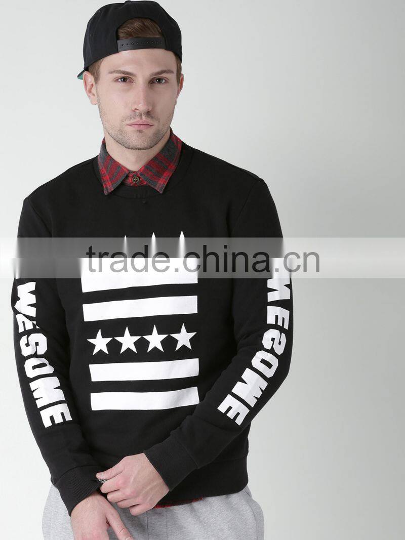 100% Cotton Black Printed Sweatshirt Round Neck Long Sleeves Sweaters For Man Custom Screen Printing Style Autumn Sweaters