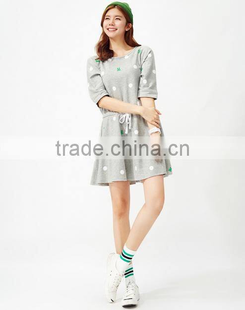 Female money shallow hemp grey knitted rabbit dot printing on the waist rope bat sleeve dress