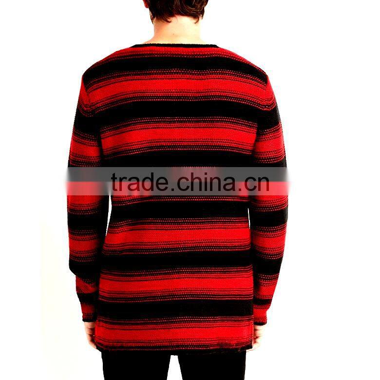 crew neck long sleeve acrylic pullover purl knit mens red and black striped sweater