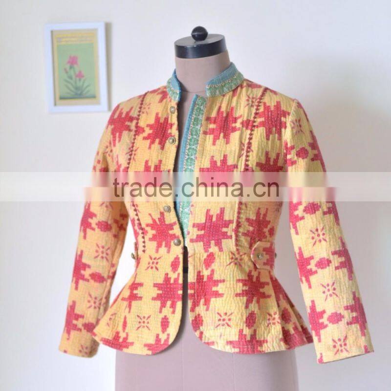 Handmade Kantha Boho Jacket in Green & Burnt Orange print ~ Small