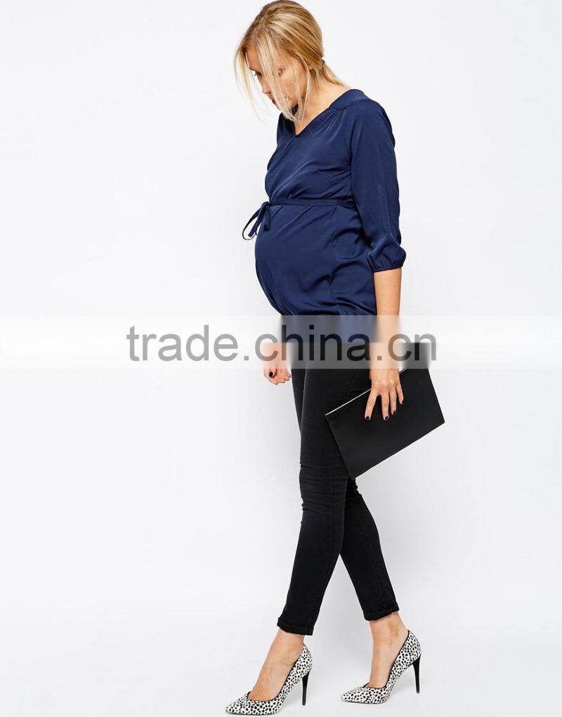 2014 wholesale maternity clothes 3/4 Sleeve V-Neck Blouse With Tie Belt