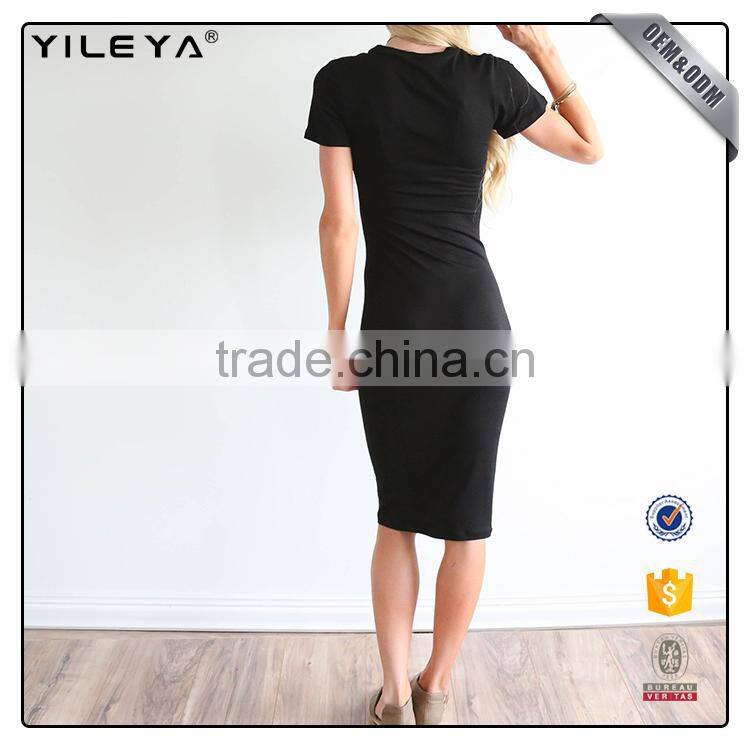 Factory supply ladies plain cotton dress designs,knee length one piece black dress,women bodycon midi dress