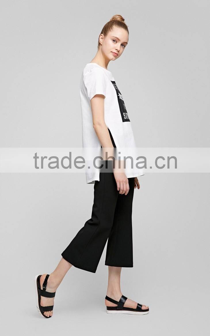 Women's English pattern high quality cotton long printing casual t shirt with high split sides