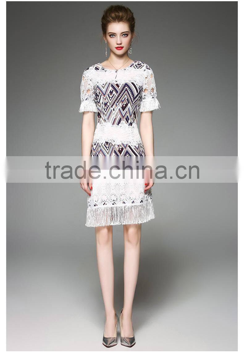 2017 New Design Factory Customized Summer Womens High Grade Slim Elegant Round Collar Tassels Short Sleeve Sexy party Dresses
