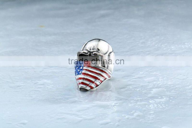 Mens Punk Goth Skull Ring Patriotic Stars Stripes Honor American Flag Bandit Biker Stainless Steel Ring Size 8-14