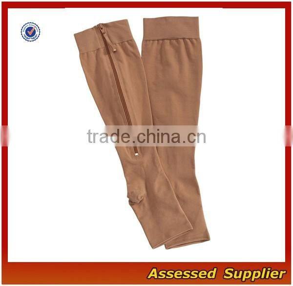 Custom Medical Zipper Compression Sock, Compression Beige Socks, Open Toe Knee Length Calf Sleeves--ZP00114
