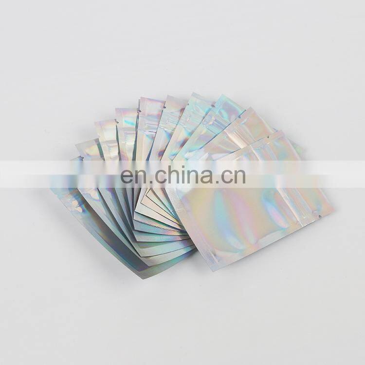 Low moq ready to ship mylar zipper transparent holographic glitter bags for makeup beauty sponge holographic packaging