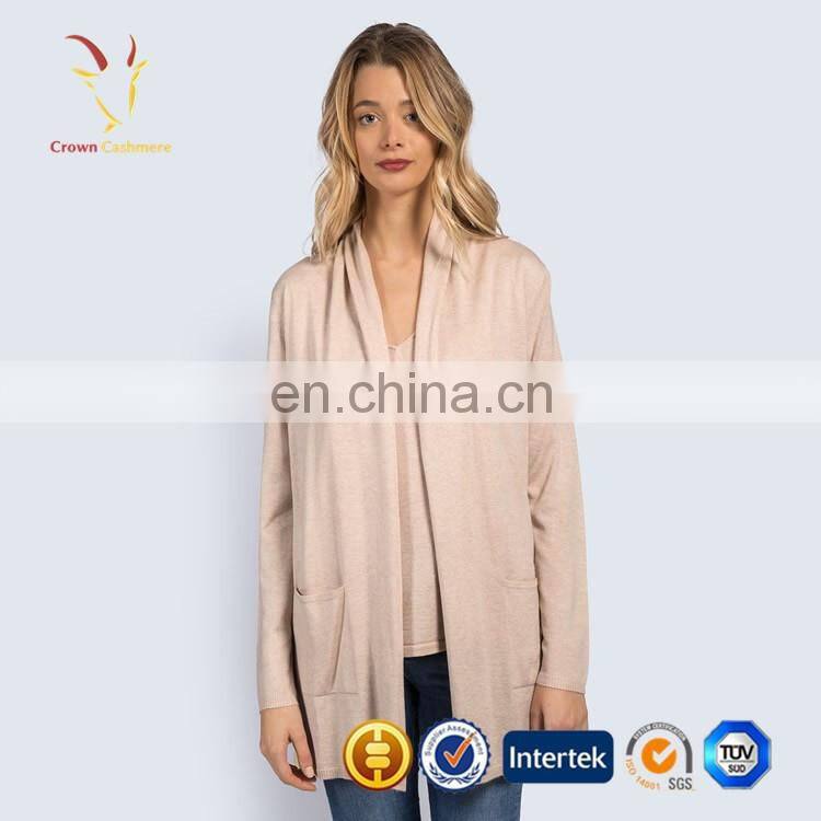 Womens open front plain knit long pattern cardigan with pockets