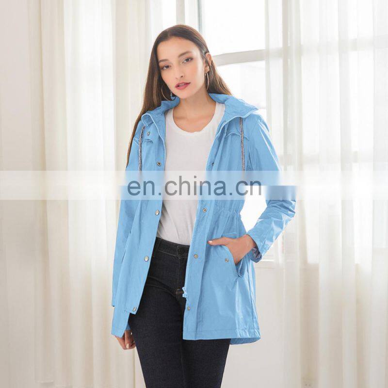 Wholesale Amazon burst casual waterproof waist hoodie female mid-autumn long raincoat ZIP jacket female