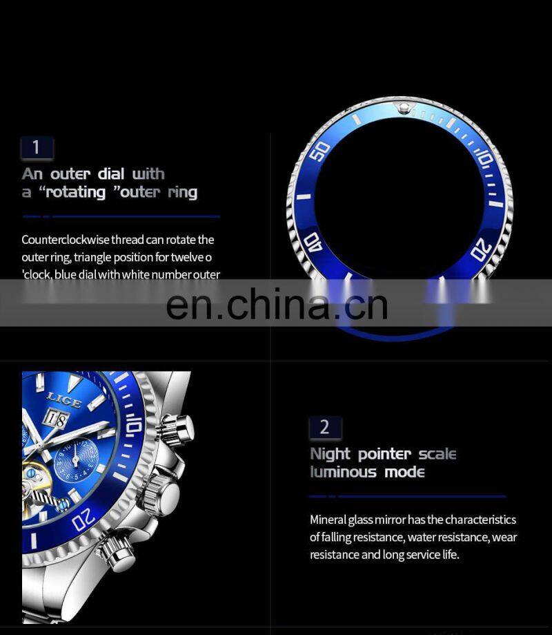 LIGE 8916 Business Watch Men Automatic Mechanical Tourbillon Luxury Fashion Stainless Steel Watches writs watches