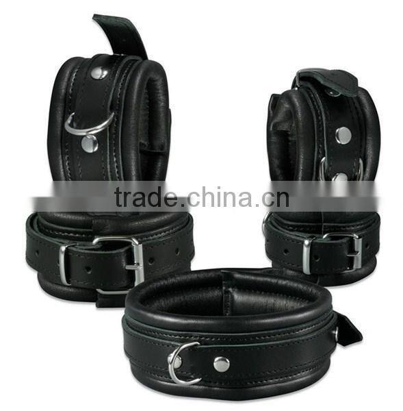 Locking Padded Black Leather Wrist & Ankle Cuffs Bondage Restraint