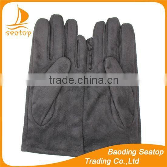 Women classic black faux suede gloves with rabbit fur ball