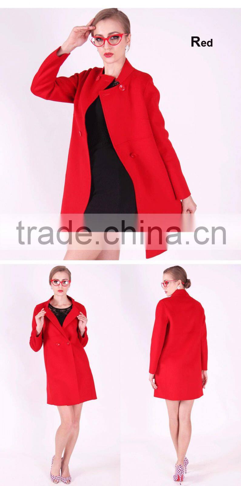 Spring Fashion Lapel Women Medium Length Slim Fit Wool Coat