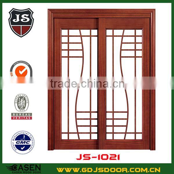 Rustic interior room flower carving wood frame sliding glass door
