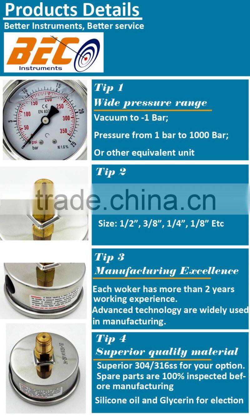 Good quality Vibration proof stainless steel case badotherm pressure gauge