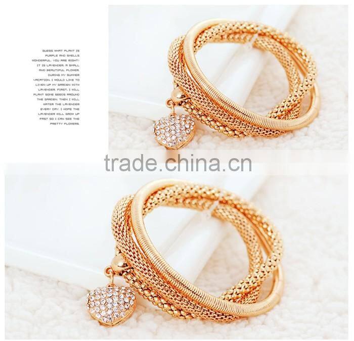Fashion gold rose gold plated rope zinc alloy rhinestone heart pendant charm bracelet