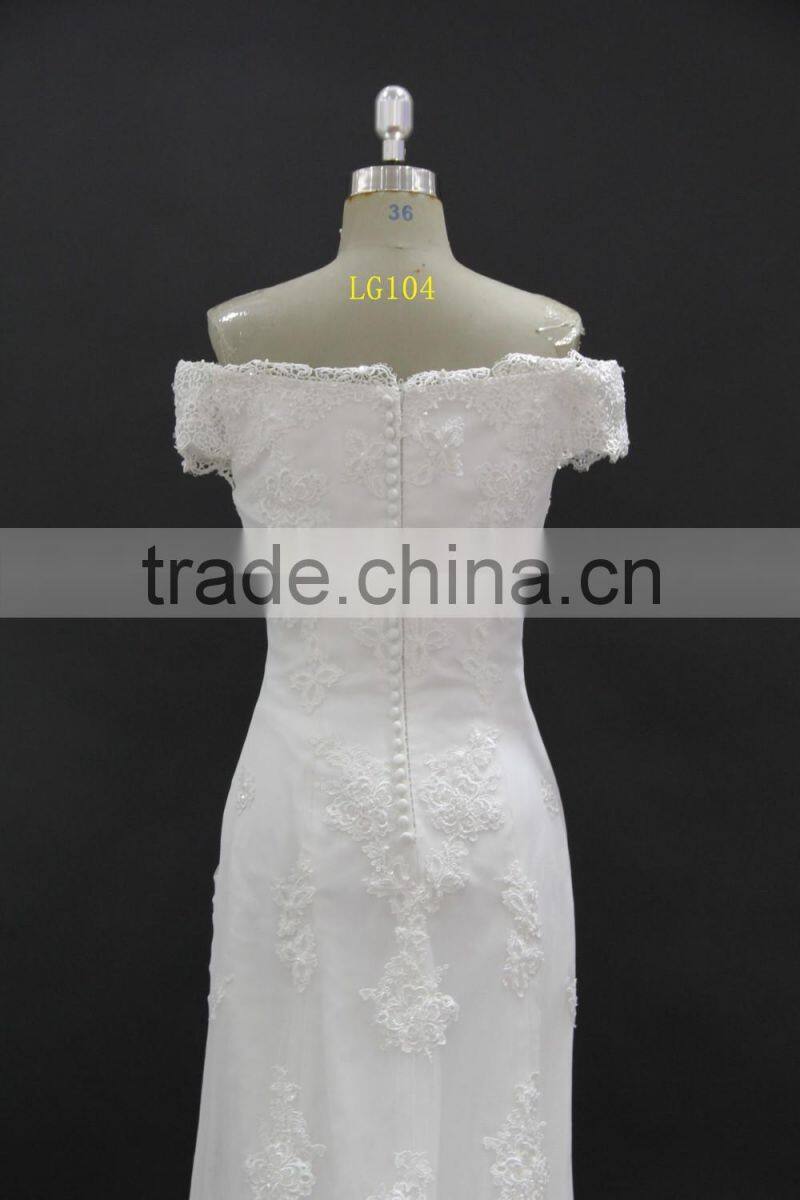 off-shoulder straight neckline horse tail at hem make ruffle effect sheath wedding dress