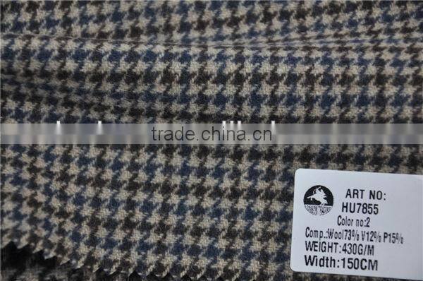 Hot sell high quality brown wool viscos blend polyester dog tooth woolen coat fabric