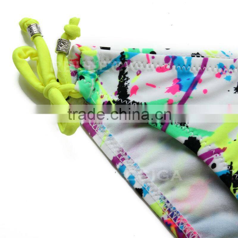 RELLECIGA Bandeau Bikini Series - Doodle Print 1/2 Cup Bandeau Top Girls Swimwear Bikini Neon Yellow Ties at Neck and Pearlish D