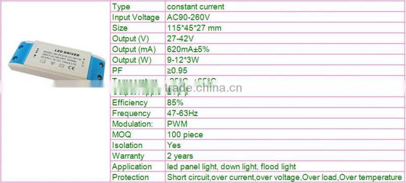 27-42V 620mA 9-12*3W plastic box led driver for led flood lighting
