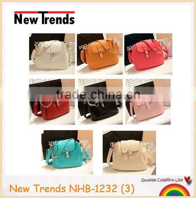 Fashion pink PU handbag with chain sholder and big buckle
