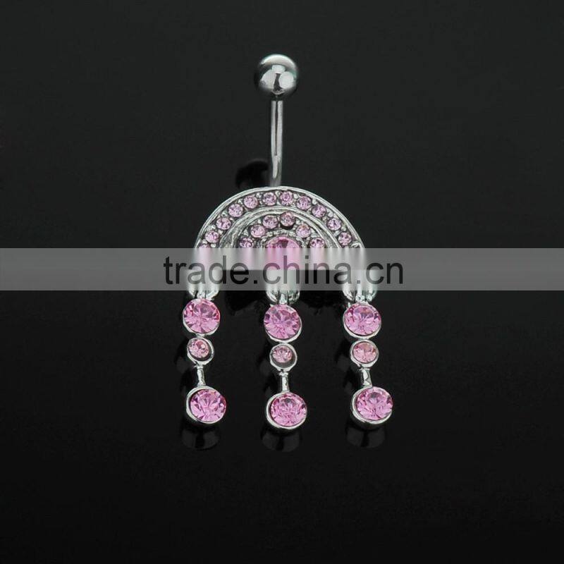 Multi Pink Gems Paved Arch Top Charms Round Dangle Belly Button Naval Ring.