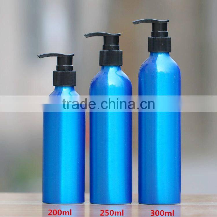 Wholesale 30ML-500ML blue aluminum bottle with lotion pump for cosmetic packaging aluminum pump bottle