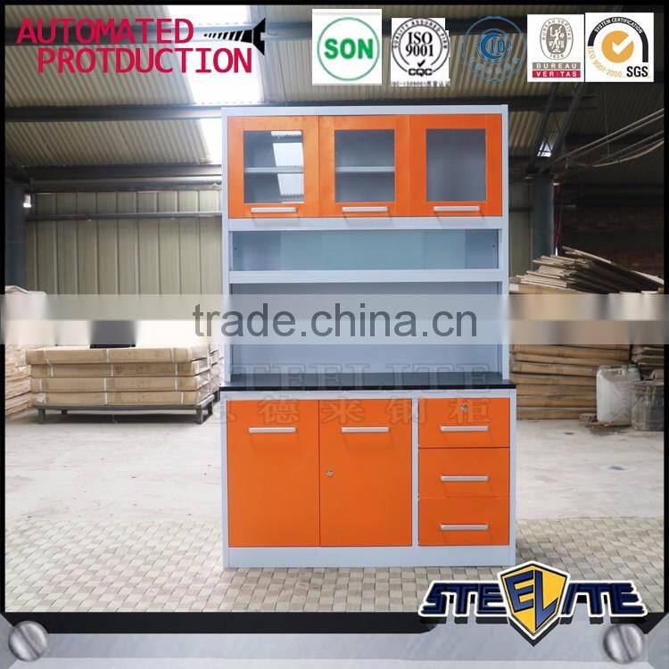Waterproof steel 3 glass doors kitchen cabinet modern with 3 drawers