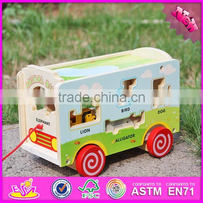 2017 new design pull string wooden bus toys for toddlers W05C080