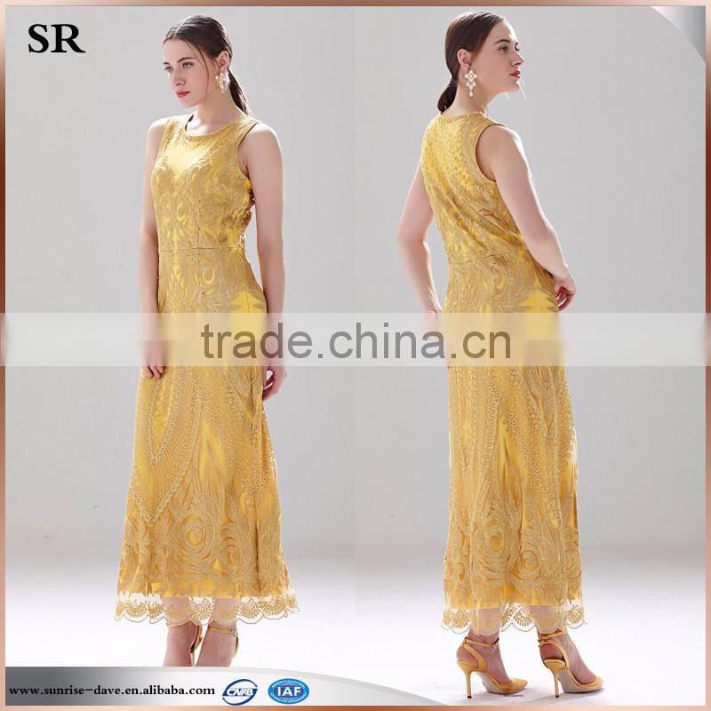 high quality fashion lady's party evening sleeveless gold lurex lace long dress