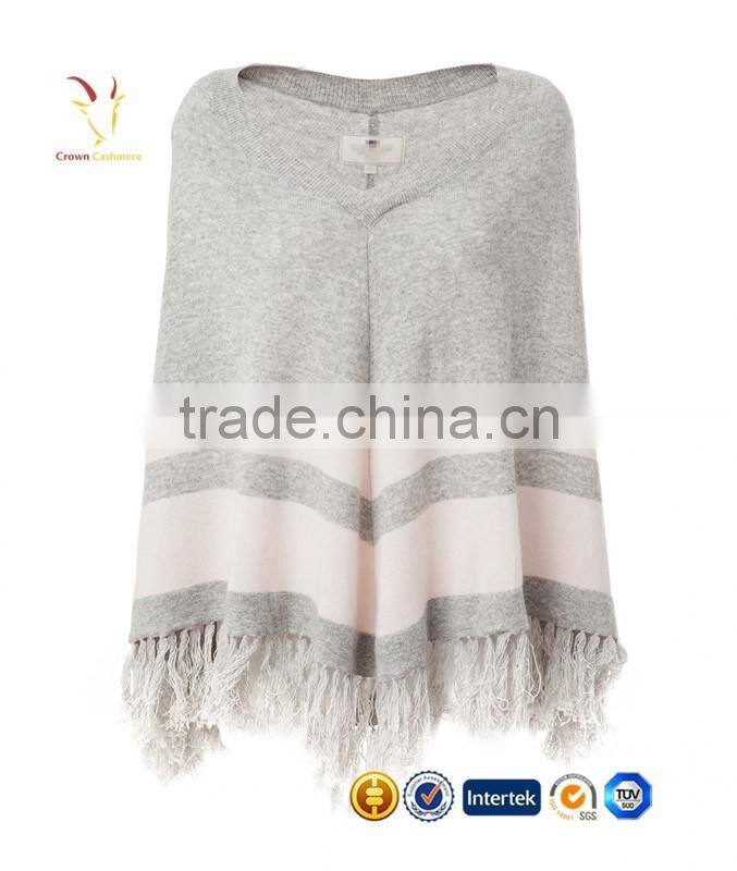 Strips and Tassel Knitted Cashmere Poncho Shawl