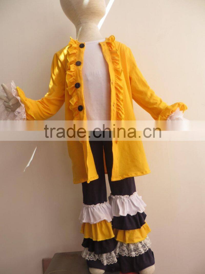 Newest School Girls Design Lace Sleeve Top .5 Layers Ruffle Navy Pants & Coat With Button 3 Pcs Clothing Sets QL-74