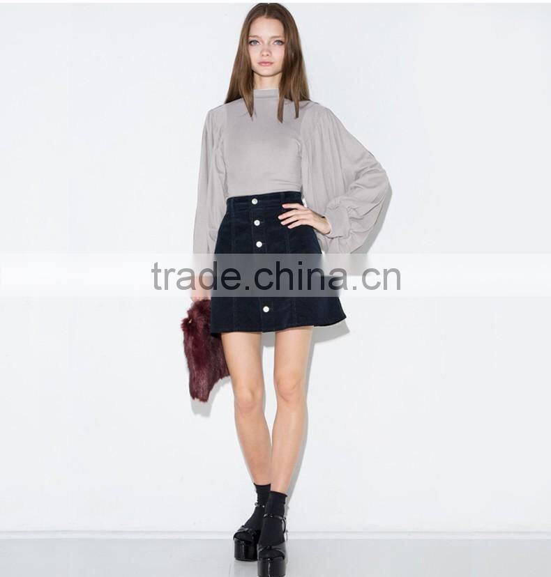 Women's OL slim fit high collar lantern sleeve long sleeve gray t shirt