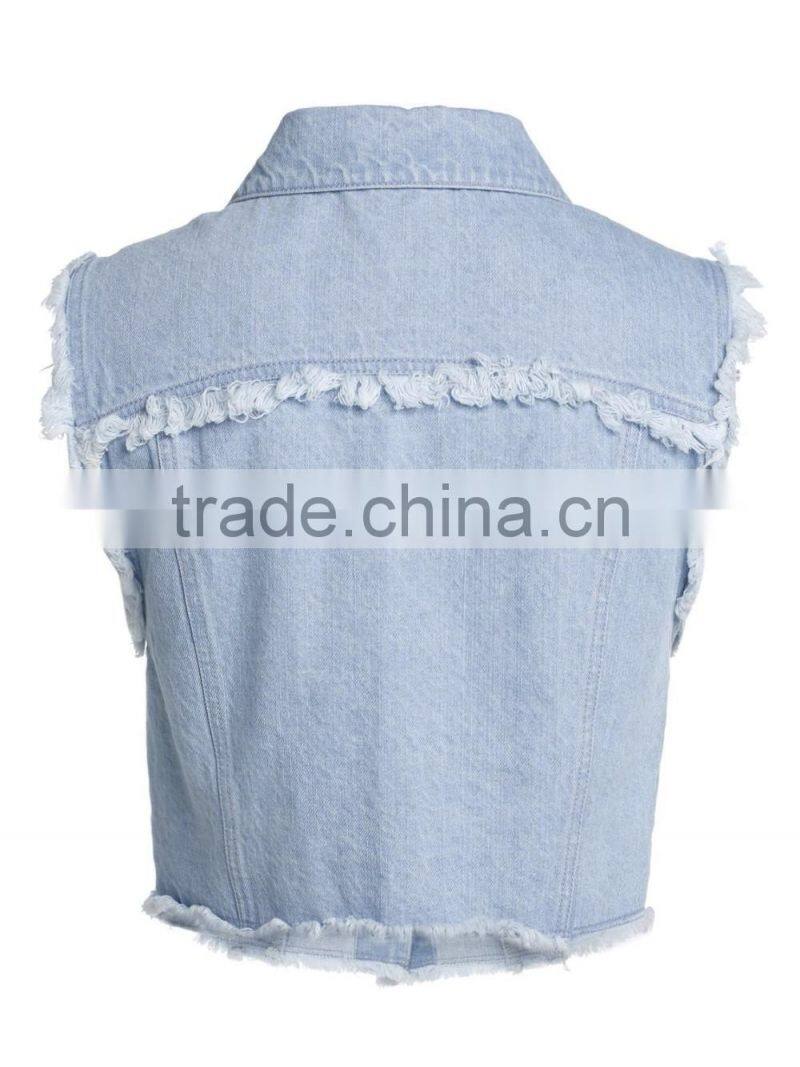 Ladies Button-up 100% cotton washed distressed jeans vest