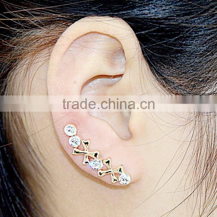 Women Rhinestones Gold Plated bowknot piercing ear Earring Cuff
