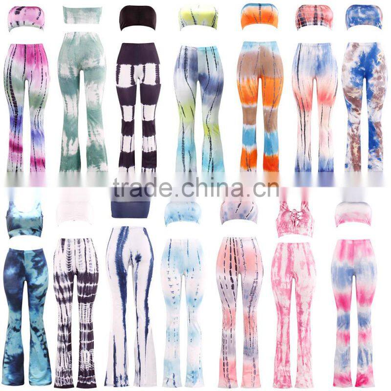 khaki gradient bell bottomed pants and top set /22 color xayn printed wide legging flare trousers and top two piece set