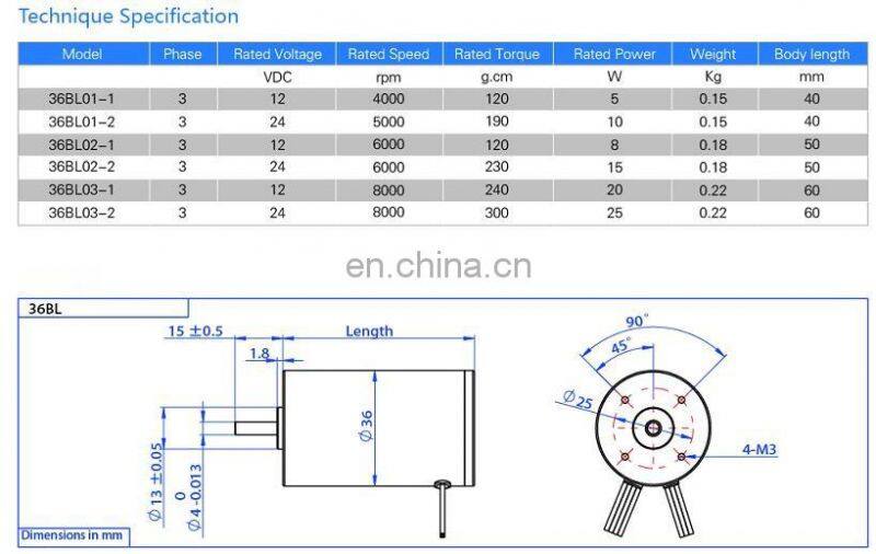 36BL01-1 12volt brushless dc motor, rated 4000rpm, 12mNm 5w